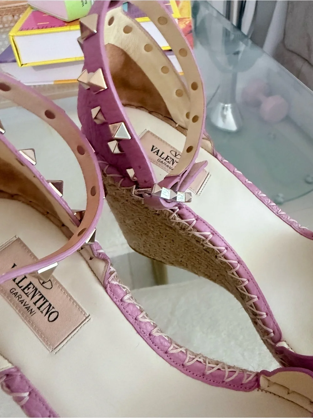 Valentino Garavani Women’s Pink Espadrille Wedge Sandals with Ankle Strap